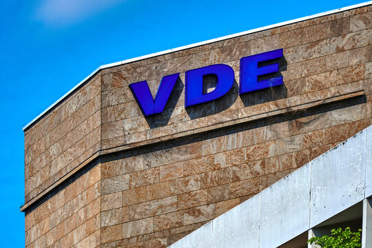 Berlin; Germany - June 11; 2021: Logo of the technology publisher VDE for electrical engineering and information technology in the center of Berlin.