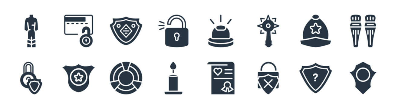security filled icons. glyph vector icons such as black shield, unsecure, candles light, padlock protection active, police helmet, rhomboid, flasher, unlocked security of cit transaction sign