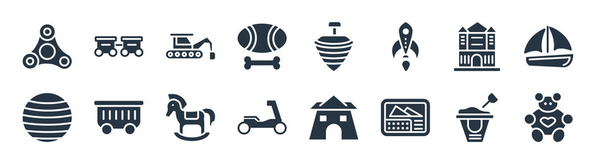 toys filled icons. glyph vector icons such as teddy bear toy, etch a sketch toy, scooter toy, beach ball castle digger spinning top sign isolated on white background.