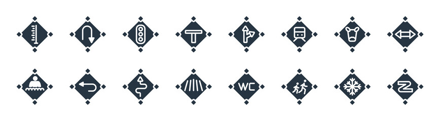 traffic signs filled icons. glyph vector icons such as zig zag, school ahead, zebra crossing, swimming, cattle, traffic lights, straight, u turn sign isolated on white background.