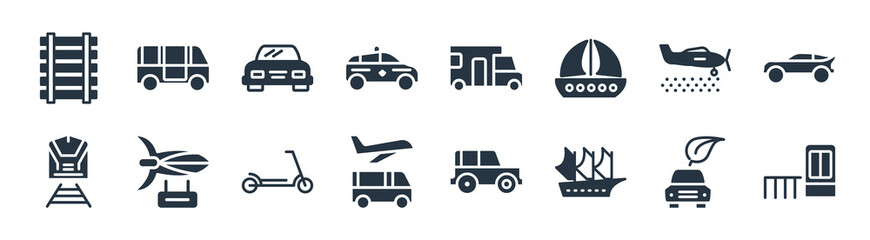 transport aytan filled icons. glyph vector icons such as ticket booth with cross, schooner, airport shuttle, train front, crop duster, car frontal view, camper car, minibus sign isolated on white