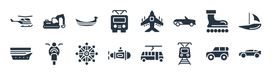 transport aytan filled icons. glyph vector icons such as sports car, tramway, small submarine, cruiser, inline skates, gondola, army airplane, excavators sign isolated on white background.