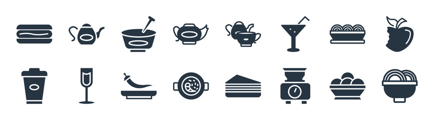 bistro and restaurant filled icons. glyph vector icons such as spaghetti bolognese, electric weight scale, paella with parwns, cardboard cup, plate of spaghetti, mortar with mace, tea set, pouring