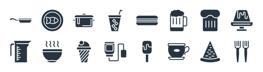 bistro and restaurant filled icons. glyph vector icons such as salad fork, breakfast cup, infusion bag, measurement jar, toasted bread, bistro pot, long sandwich, kitchen fish sign isolated on