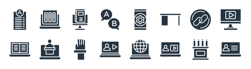 e learning and education filled icons. glyph vector icons such as computer-based training, online training, lecture, digital book, links, blended learning, interactive course, online library sign