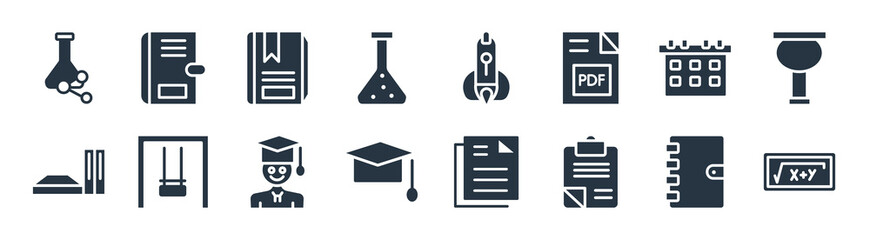 education filled icons. glyph vector icons such as square root in class, blank clipboard, graduate cap, stack of books, school calendar, closed book with marker, ballistic, school agenda sign