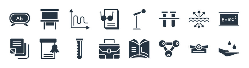 education filled icons. glyph vector icons such as hand care, chemical diagram, case, sticky note, archimedes principle, sinusoid, microphone with stand, writing whiteboard sign isolated on white - obrazy, fototapety, plakaty