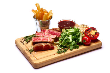 Grilled sliced roated beef steaks, potato and sauce on wooden cutting board