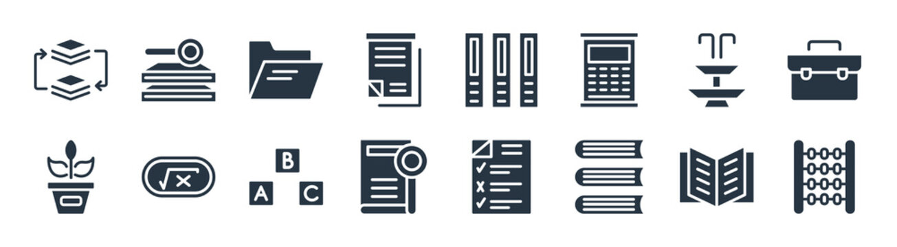 education filled icons. glyph vector icons such as abcus, hardbound book, book and magnifier, plant sample, fountain, black folder, three books, stack of books and magnifier sign isolated on white