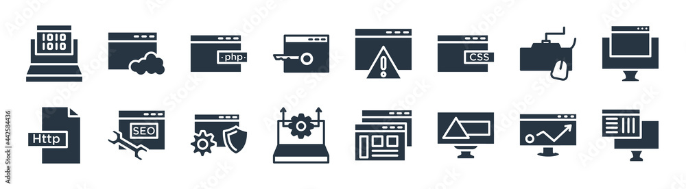 Poster programming filled icons. glyph vector icons such as compiler, program error, seo growth, http, keyb