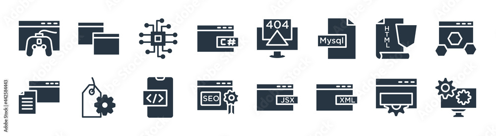 Poster programming filled icons. glyph vector icons such as engineering, xml, seo reputation, seo report, h