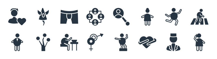 people filled icons. glyph vector icons such as on call, love yourself, sex, man, feel free, man underwear, people searcher, null sign isolated on white background.