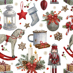 Watercolor Illustrations of Christmas hand made toys, rocking horse, nutcracker, cacao cup, Christmas ball, gingerbread, cinnamon, candle. Pattern with Vintage Christmas ornaments, toy and decoration. © Fefelova Yana