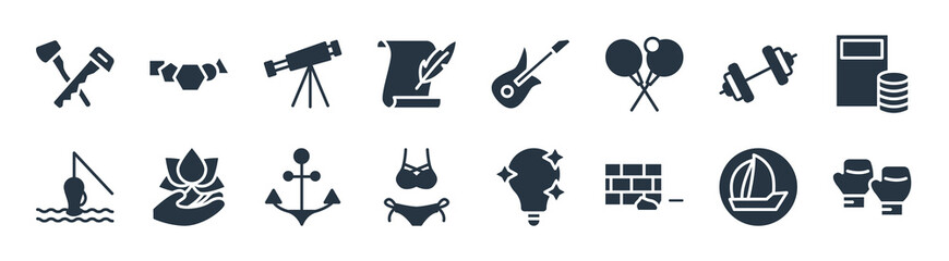 people skills filled icons. glyph vector icons such as boxing gloves, builder, lady swimwear, fisher, body building, antique telescope, musician, shapes sign isolated on white background.