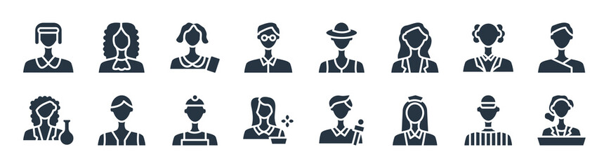 professions filled icons. glyph vector icons such as politician, air hostess, florist, scientist, chemist, seamstress, fisherman, judge sign isolated on white background.