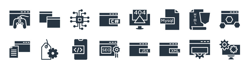 programming filled icons. glyph vector icons such as engineering, xml, seo reputation, seo report, html5, microchip, 404 error, page sign isolated on white background.