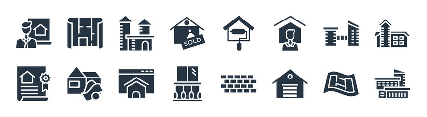 real estate filled icons. glyph vector icons such as modern house, storehouse, balcony, certification, bridges, house front view, paint roll, plans sign isolated on white background.