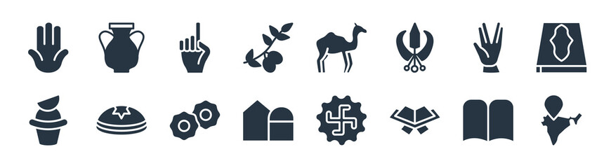 religion filled icons. glyph vector icons such as india, reading quran, synagogue, apple cake, ohr, one god, dromedary, manna jar sign isolated on white background.