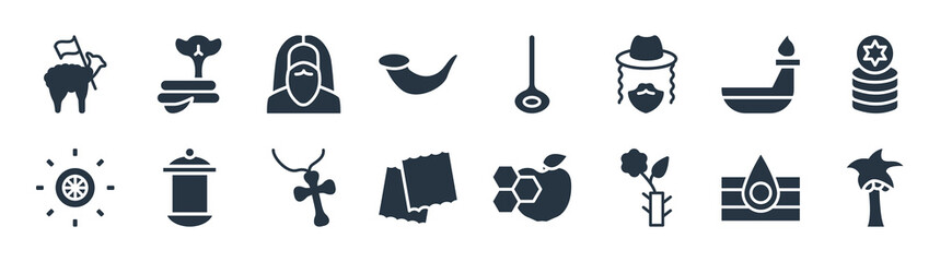 religion filled icons. glyph vector icons such as palm tree with date, budding staff, matzo, dharma, dipa, moses, sitar, cobra sign isolated on white background.