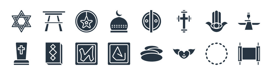 religion filled icons. glyph vector icons such as holy scriptures, sufism, asceticism, tombstone, hamsa, anglican, animism, shrine sign isolated on white background. - obrazy, fototapety, plakaty