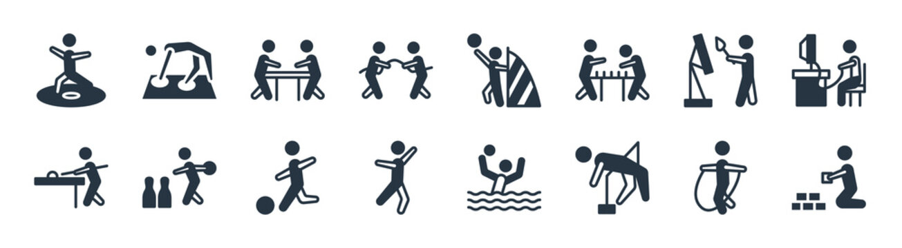 Recreational Games Filled Icons. Glyph Vector Icons Such As People Playing Rummy, People Playing Limbo, People Dancing, Playing Billiard, Painting, Air Hockey, Goalkeeper Twister Sign Isolated On