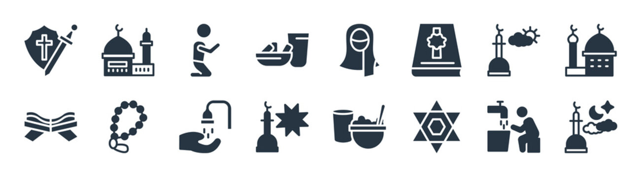 religion filled icons. glyph vector icons such as isha, hebrew, zuhr prayer, quran rehal, assr, muslim man praying, hijab veil, islamic mosque sign isolated on white background.