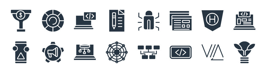 technology filled icons. glyph vector icons such as organic, embedding, multichannel marketing, attributes, hybrid app, self-closing tag, bugs, color value sign isolated on white background. - obrazy, fototapety, plakaty