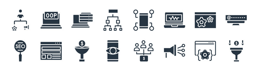 technology filled icons. glyph vector icons such as sales funnel, content marketing, impressions, search engine optimization, sdk, caching, content curation, object-oriented programming sign