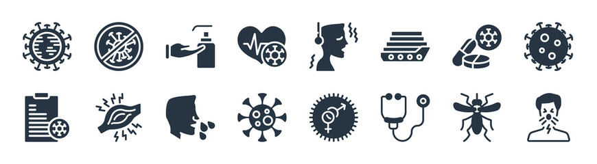 coronavirus prevention filled icons. glyph vector icons such as cover cough, stethoscope, disease, report, medicine, hand sanitizer, cold, antibacterial sign isolated on white background.