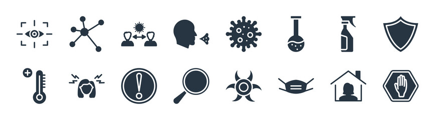 coronavirus prevention filled icons. glyph vector icons such as stop, medical mask, loupe, high temperature, disinfectant, virus transmission, coronavirus, spread sign isolated on white background.