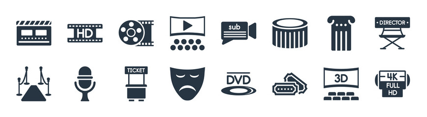 cinema filled icons. glyph vector icons such as 4k fullhd, two movie tickets, sad mask, carpet, theatre pillar, movie roll, subtitle, hd movie sign isolated on white background.