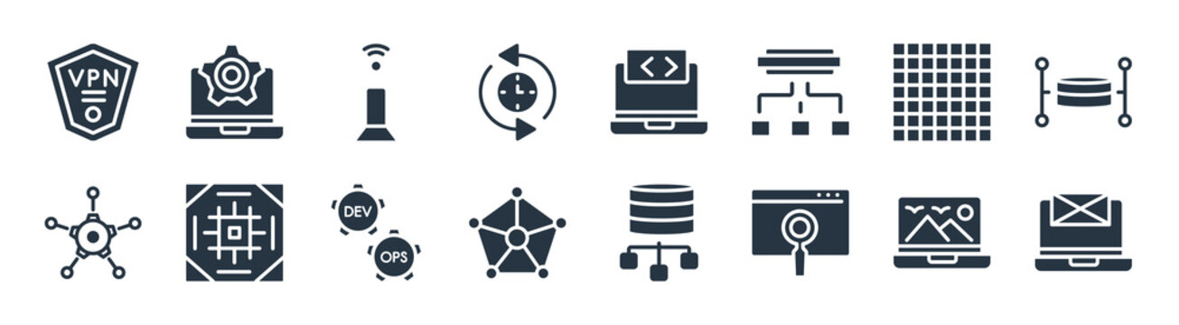 technology filled icons. glyph vector icons such as email marketing, search engine marketing, social graph, frameworks, grid system, reach, opening tag and closing tags, website optimization sign