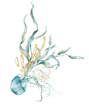 Watercolor tropical card of jellyfish, linear shell and gold corals. Underwater animals and plant isolated on white background. Aquatic illustration for design, print or background.