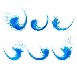 Blue water waves logo collection. Abstract eco fluid stream template. Set of ink splash different forms. Aqua elements in grunge design. Jpeg illustaration