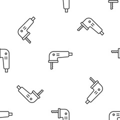 Grey line Electric jigsaw with steel sharp blade icon isolated seamless pattern on white background. Power tool for woodwork. Vector