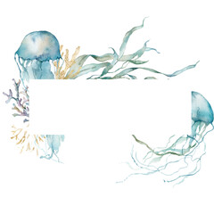 Watercolor underwater frame of jellyfishes, linear laminaria and gold corals. Tropical animals and plant isolated on white background. Aquatic illustration for design, print or background.
