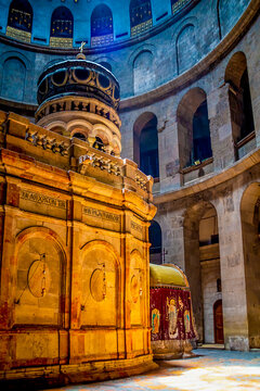 inside Church of Holy Sepulcher small chapel called Aedicule, from Latin aedicula. There are two rooms: first holds a relic called Angel's Stone; second, smaller room contains tomb of Jesus.