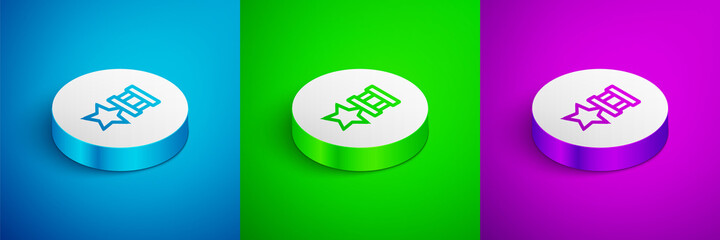 Isometric line Military reward medal icon isolated on blue, green and purple background. Army sign. White circle button. Vector