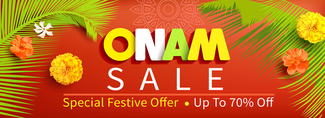 Onam creative promotion banner for South India harvest festival. Vector illustration.