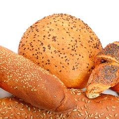 Bread and sweet pastries isolated on white .
