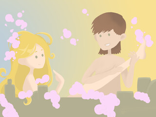 Nice couple in the bathroom. The guy washes the girl.