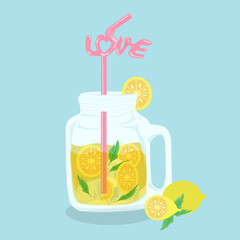 Lime juice and love shape Straw on blue background. Drink on Valentine's Day. vector, illustration