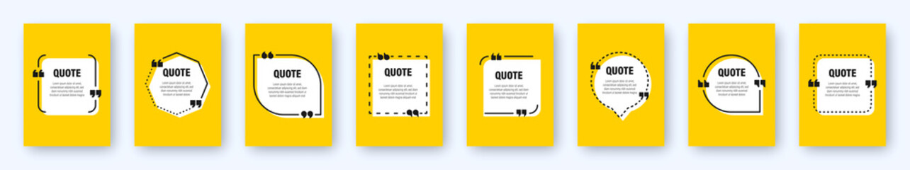 Set of modern yellow banners with quote frames. Speech bubbles with quotation marks. Blank text box and quotes. Blog post template. Vector illustration.
