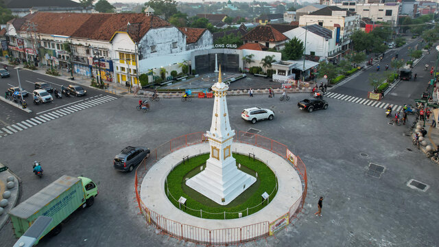 Aerial view of the tugu jogja or known as tugu pal is the iconic landmark of Yogyakarta. Central Java, Indonesia, July 1, 2021