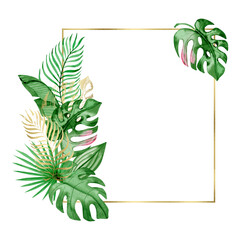 Watercolor gold frame with green and gold tropical leaves isolated on a white background, hand-drawn. Monstera, palms leaves.