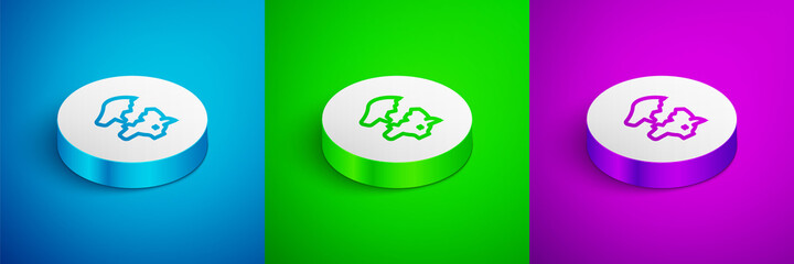 Isometric line Broken piggy bank icon isolated on blue, green and purple background. Icon saving or accumulation of money, investment. White circle button. Vector