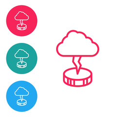 Red line Storm icon isolated on white background. Cloud and lightning sign. Weather icon of storm. Set icons in circle buttons. Vector