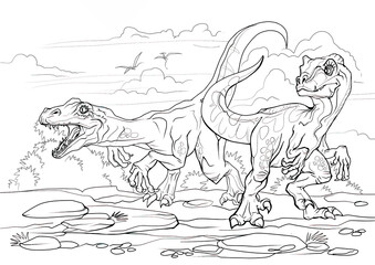 Velociraptor. Dinosaur coloring page for children and adults, hand drawn illustration. A4 size. Design for wallpapers, packaging, postcards and posters. Black and white. Wild nature