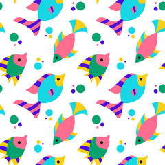 Fototapeta premium Vector seamless pattern with abstract flat fishes and dots in bright pink,gree,yellow colors on white background.Summer design for paper,fabrics,textile,kids clothes.Digital endless modern backdrop