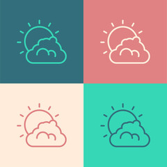 Pop art line Sun and cloud weather icon isolated on color background. Vector